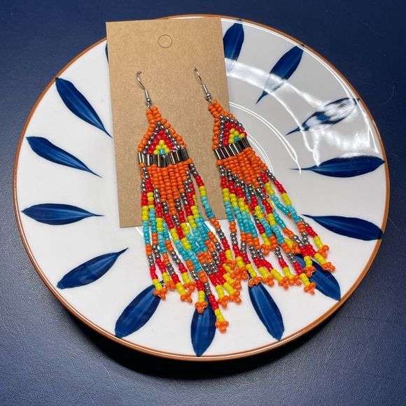 Boho Retro Long Beaded Tassel Earrings NEW - Picture 2 of 2